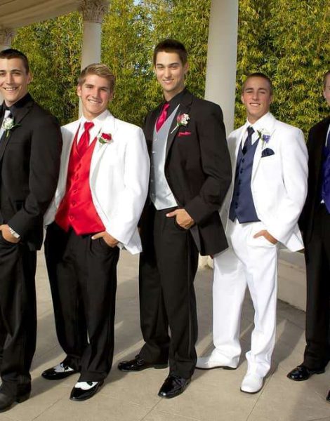Group of Teenage Boys at the Prom with their tuxedos posing