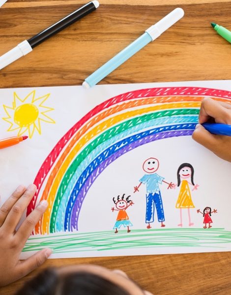 Top view of little girl??s hands painting happy family with marker on white paper. Drawing sheet with artwork by daughter on table. Little girl using marker to make family painting with rainbow.